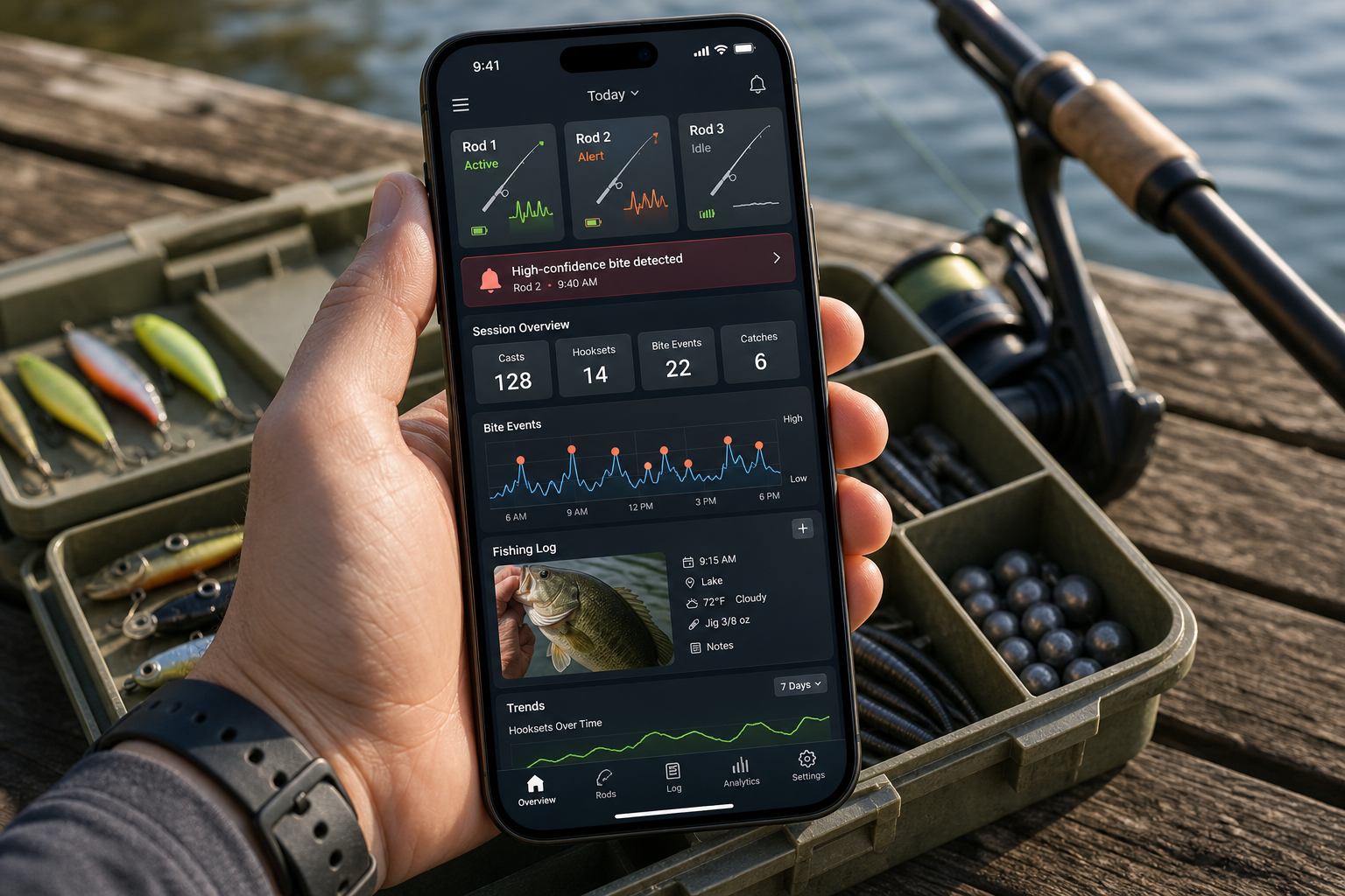 Placeholder image of a fishing analytics app on a phone