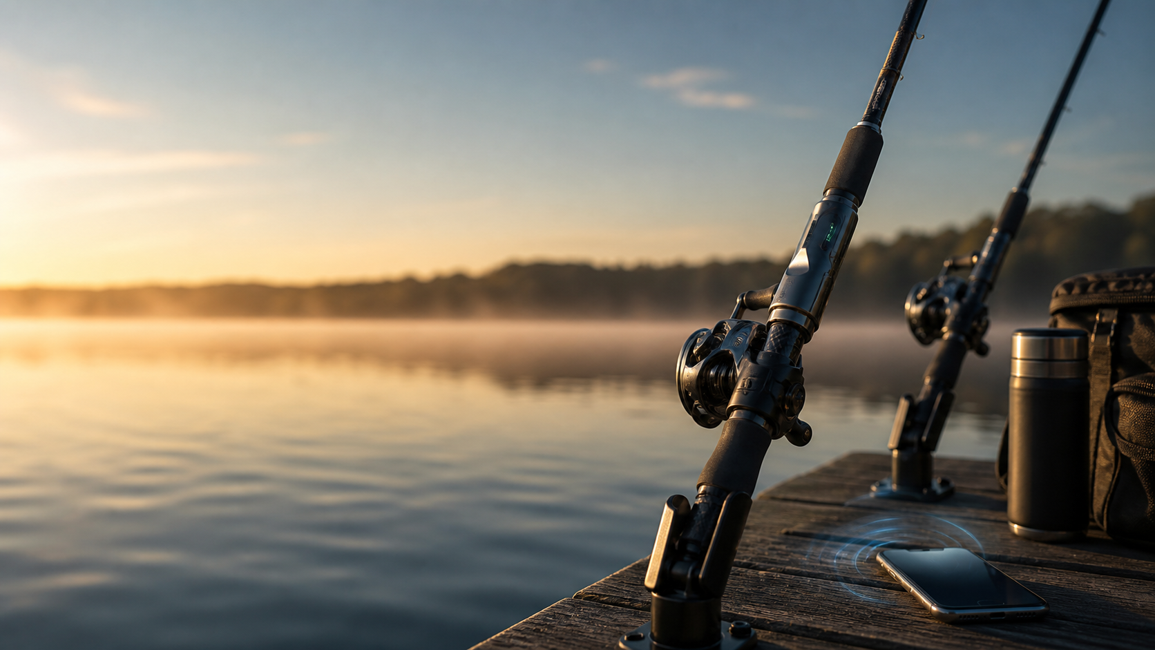 Smart fishing rods on a dock with a phone nearby